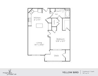 A floor plan of a one bedroom, one bath apartment with a kitchen, living room and deck.
