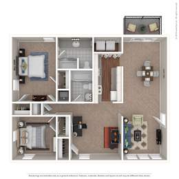 A floor plan of a small apartment with a kitchen, living room, and bathroom.