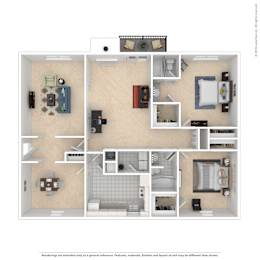 A floor plan of a small apartment with a kitchen, living room, and bathroom.