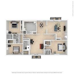 A floor plan of a house with a kitchen, living room, and two bedrooms.