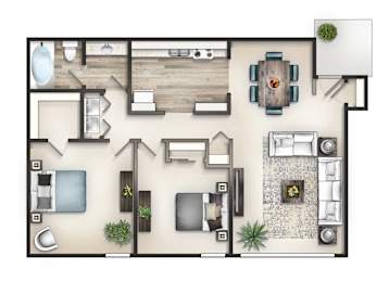 Floor Plan  3D floor plan of a two-bedroom apartment with one bathroom at Malibu at Martin Apartments in Huntsville, AL