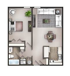 Floor Plan  3D floor plan of a one-bedroom apartment with one bathroom at Malibu at Martin Apartments in Huntsville, AL