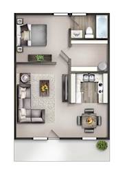 Floor Plan  3D floor plan of a one-bedroom apartment with one bathroom at Malibu at Martin Apartments in Huntsville, AL