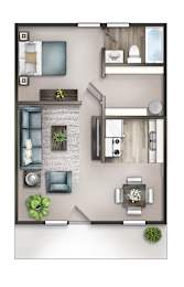 Floor Plan  3D floor plan of a one-bedroom apartment with one bathroom at Malibu at Martin Apartments in Huntsville, AL
