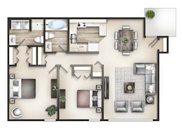 Floor Plan  3D floor plan of a two-bedroom apartment with two bathrooms at Malibu at Martin Apartments in Huntsville, AL