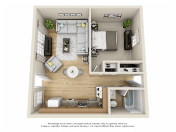 Floor Plan  A 3D floor plan of a small apartment with a kitchen, living room, and bedroom.