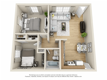Floor Plan  A 3D floor plan of a small apartment with a kitchen, living room, and bathroom.