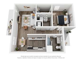 A 3D floor plan of a house with a kitchen, living room, and bathroom.
