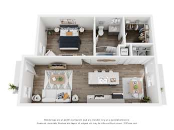 A 3D floor plan of a small apartment with a kitchen, living room, and bedroom.