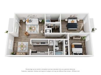 A 3D floor plan of a small apartment with a kitchen, living room, and bedroom.