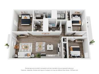 A 3D floor plan of a small apartment with two bedrooms, a living room, and a kitchen.