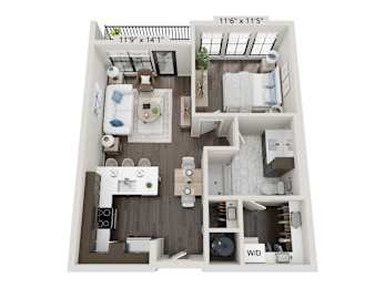 One bedroom apartment 3D floor plan layout at 2020 Providence Apartments, Huntsville, 35806