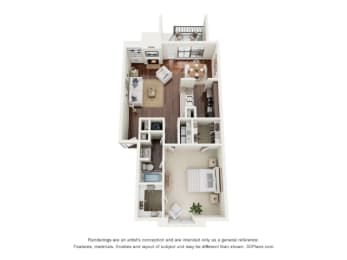 Floor Plan  rendering of a one bedroom, one bathroom apartment at Summit at Hillcrest in Mobile, AL