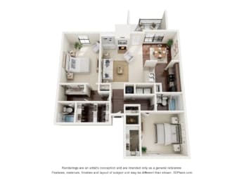 Floor Plan  rendering of a two bedroom, two bathroom apartment at Summit at Hillcrest in Mobile, AL