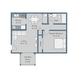 A floor plan of a house with a kitchen, dining room, living room, bathroom, and two bedrooms.