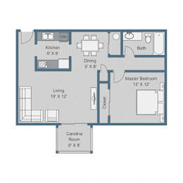 A floor plan of a small apartment with a kitchen, dining room, living room, bathroom, and two bedrooms.