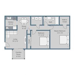 A floor plan of a house with a kitchen, dining room, living room, bedrooms, and bathrooms.
