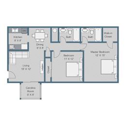 A floor plan of a house with a kitchen, dining room, living room, two bedrooms, a bathroom, and a closet.