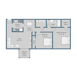 A floor plan of a house with a living room, kitchen, dining room, bathroom, closet, and two bedrooms.