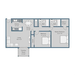 A floor plan of a house with a living room, kitchen, dining room, bathrooms, and bedrooms.