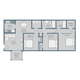 A floor plan of a house with a kitchen, dining room, living room, two bedrooms, two bathrooms, a master bedroom, a walk-in closet, and a carolina room.