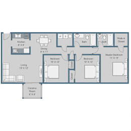 A floor plan of a house with a living room, kitchen, dining room, and multiple bedrooms.