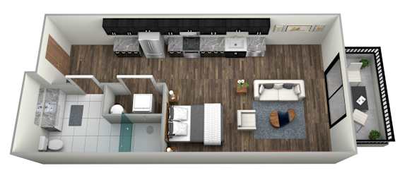 A top-down view of a living room with a couch, coffee table, and kitchen area.