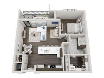 One bedroom 3D floor plan with balcony at 2020 Providence Apartments, Huntsville