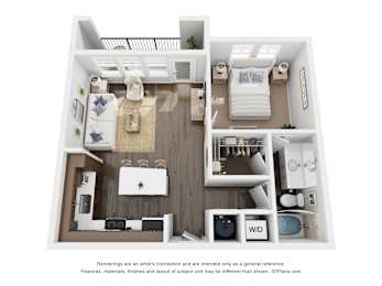 A 3D floor plan of a small apartment with a kitchen, living room, and bedroom.