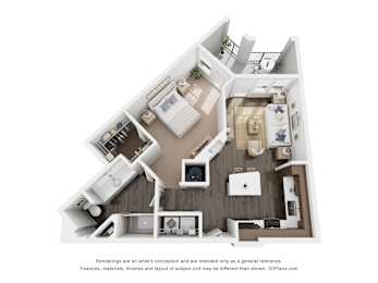 A 3D floor plan of a house with a kitchen, living room, and two bedrooms.