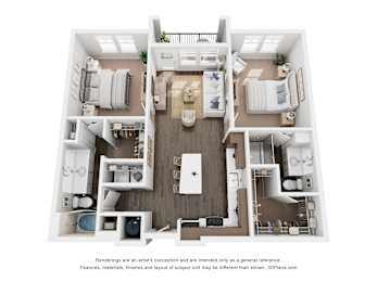 A 3D floor plan of a house with a kitchen, living room, and two bedrooms.