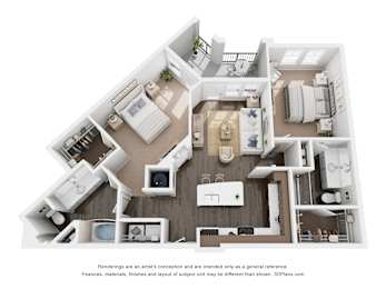 A 3D floor plan of a house with a kitchen, living room, and bathrooms.