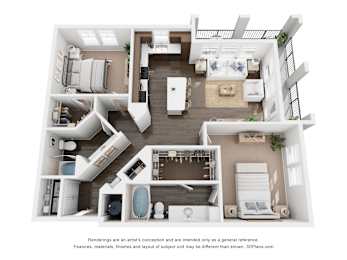 A 3D floor plan of a house with multiple rooms and furniture.