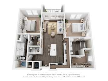 A 3D floor plan of a house with a kitchen, living room, and two bedrooms.