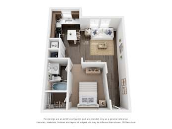 A 3D floor plan of a small apartment with a kitchen, living room, and bedroom.