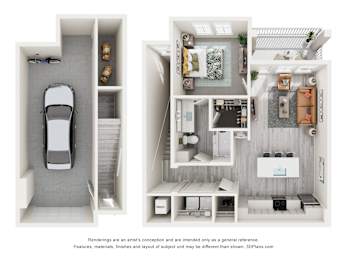 Palma floor plan with one bedroom, one bathroom, and attached garage at Tapestry Palmera apartments.
