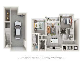 Bahia floor plan with two bedrooms, two bathrooms, and an attached garage at Tapestry Palmera apartments.