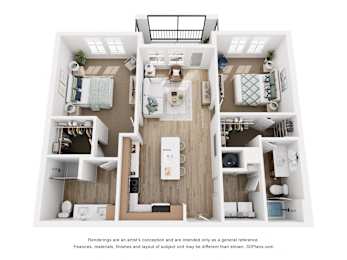 A 3D floor plan of a house with a kitchen, living room, and bathrooms.