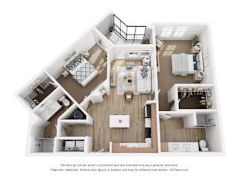 A 3D floor plan of a house with a kitchen, living room, and two bedrooms.