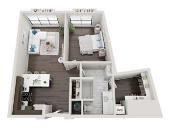 One bedroom 3D floor plan with open kitchen at 2020 Providence Apartments, Alabama, 35806