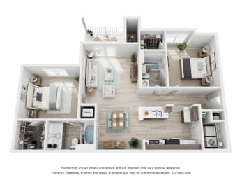 Floor Plan  a rendering of a two bedroom, two bathroom apartment at Colonnade at Eastern Shore Apartments in Daphne, AL