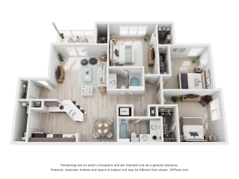 Floor Plan  a rendering of a three bedroom, two bathroom apartment at Colonnade at Eastern Shore Apartments in Daphne, AL