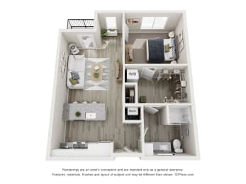 Floor Plan  3-D floor plan of The Redmont one bedroom one bathroom apartment at The Fitzroy Apartments Homes in Birmingham Alabama
