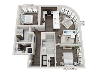 3D floor plan with curved windows and two bedrooms at 2020 Providence Apartments, Huntsville, AL 35806