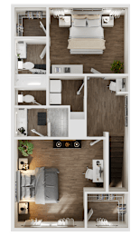 3-D rendering of the upper level of a 2-bedroom, 2.5-bathroom townhouse with garage at Turnberry Park Luxury Rental Homes in Gardendale, AL