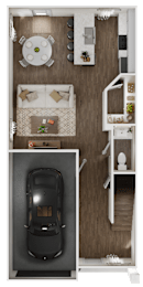 3-D rendering of the lower level of a 3-bedroom, 2.5-bathroom townhouse with garage at Turnberry Park Luxury Rental Homes in Gardendale, AL