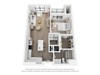 Rendering of the Mt Harvard one-bedroom, one-bathroom apartment at Velo Interlocken in Broomfield, CO