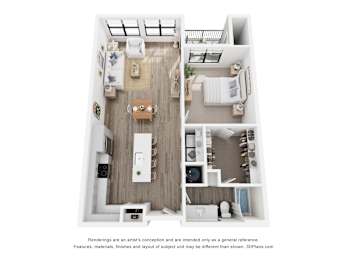 Rendering of the Mt Lincoln one-bedroom, one-bathroom apartment at Velo Interlocken in Broomfield, CO