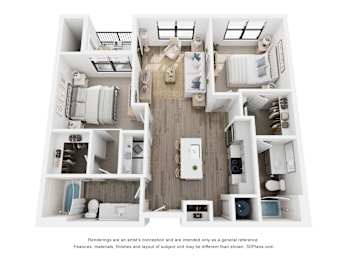 Rendering of the Mt Harvard two-bedroom, two-bathroom apartment at Velo Interlocken in Broomfield, CO