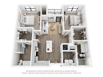 Rendering of the Crestone Peak two-bedroom, two-bathroom apartment at Velo Interlocken in Broomfield, CO